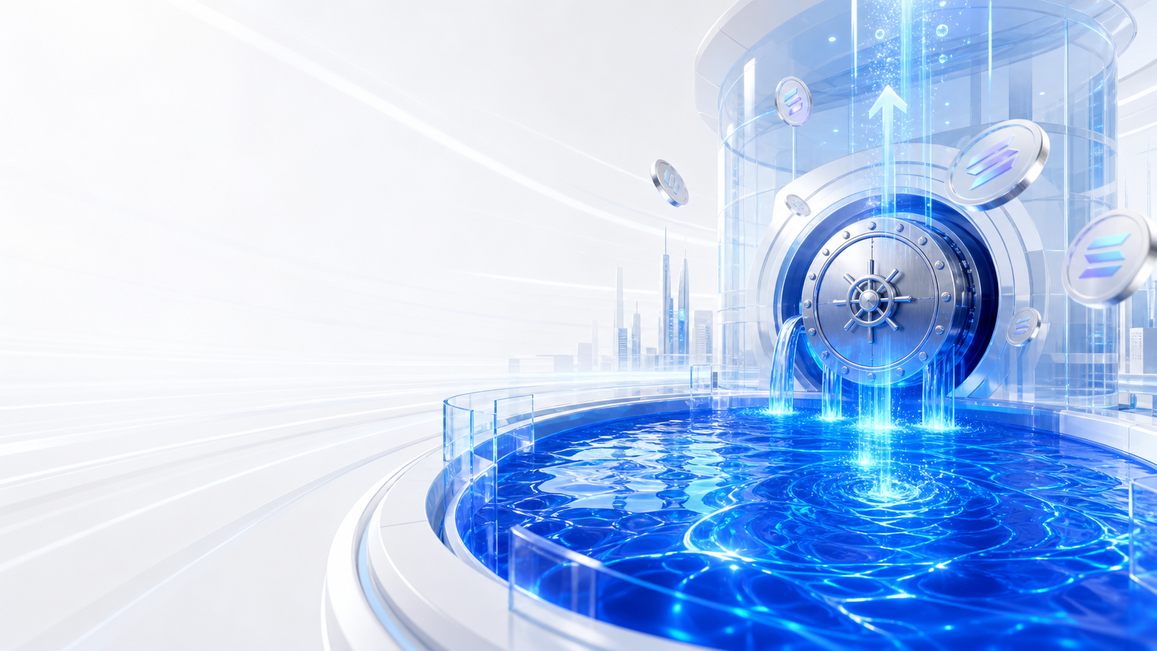 Futuristic blue liquidity pool with digital finance elements